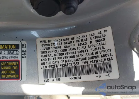 2010 Honda Civic Ex-L z USA, uszkodzony, nr VIN 19XFA1F93AE037538